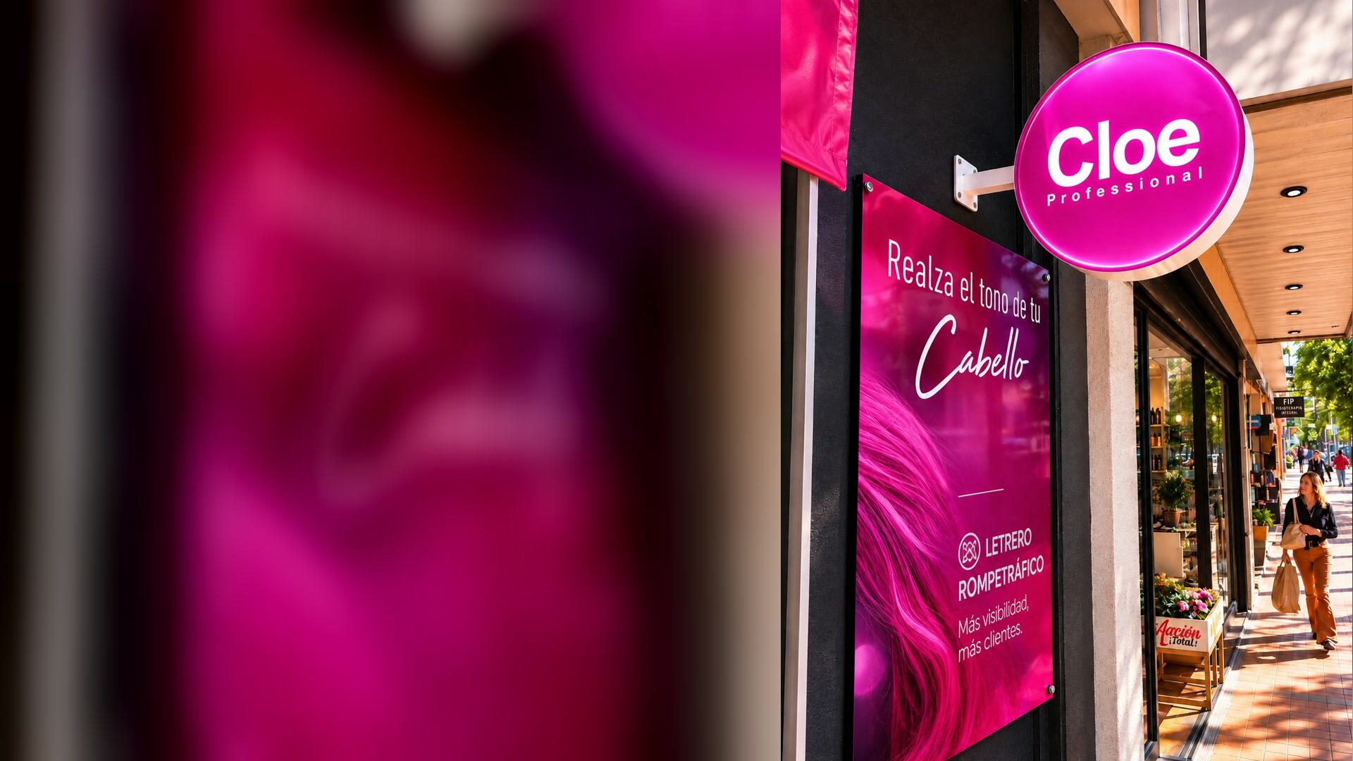 Letrero luminoso Cloe Professional: caja de luz circular doble cara instalada en la fachada de un local comercial en Santiago