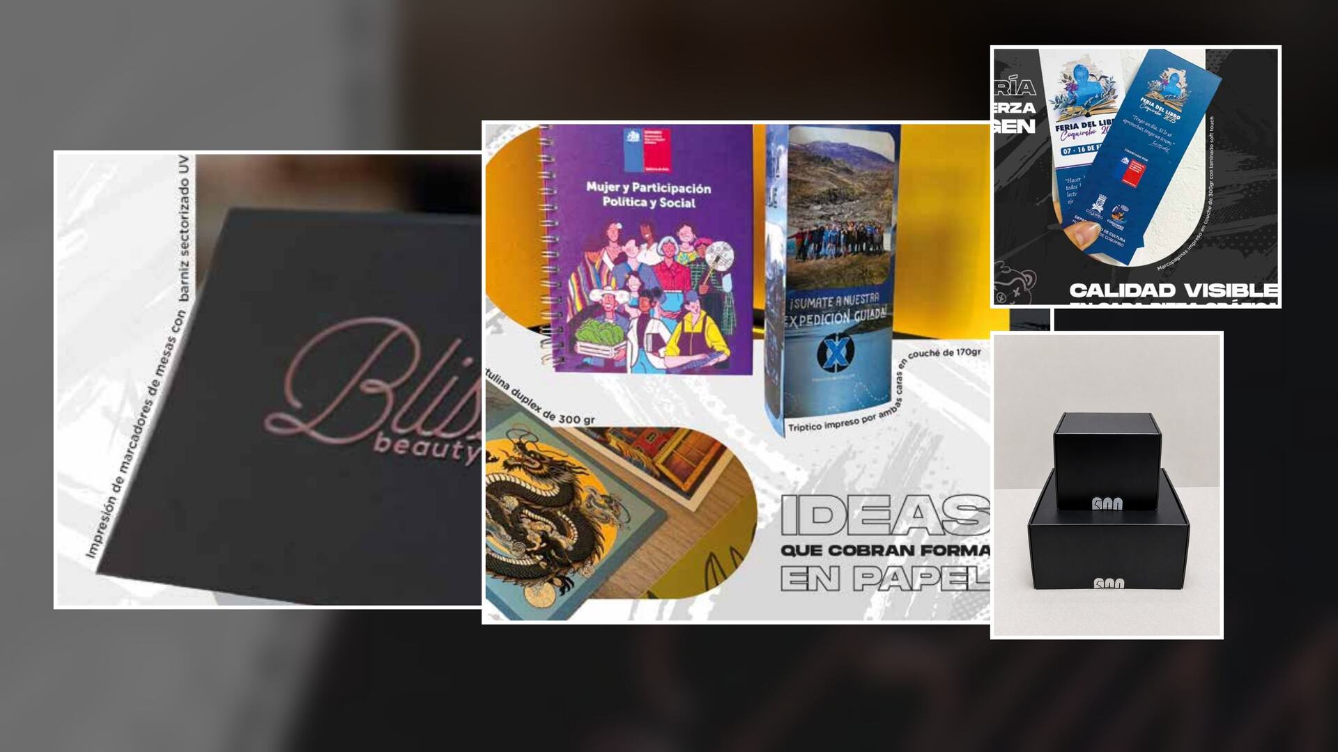 Tarjetas de presentación, trípticos, libretas y cajas impresas por CincoMonos en Santiago