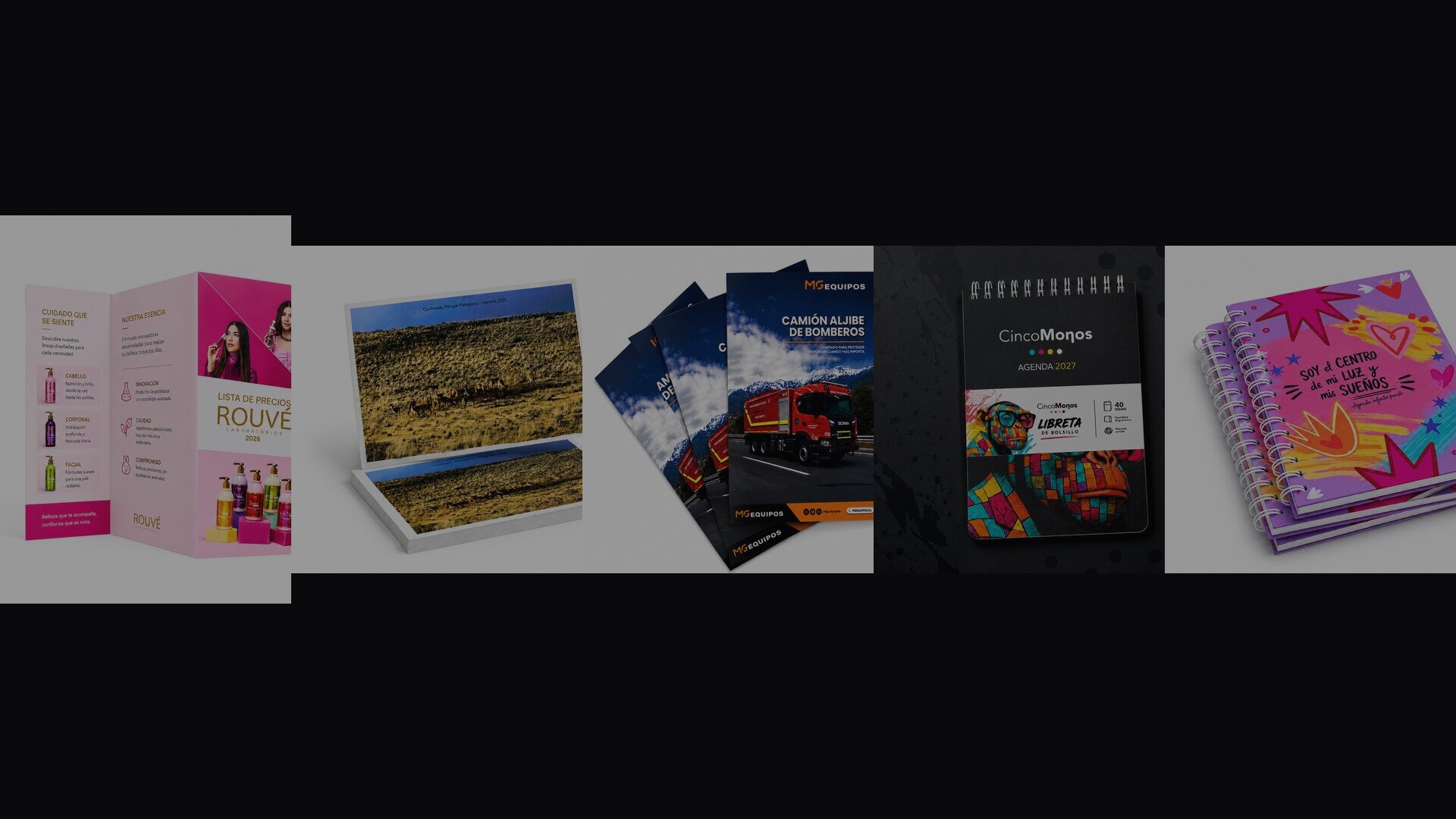 Trípticos, postales, catálogos corporativos, libretas y cuadernos personalizados impresos por CincoMonos